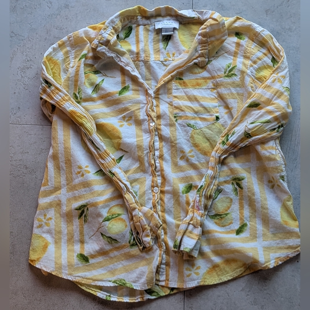 Calypso St. Barth Yellow and White Lemon Print Button-Down Shirt 100% Cotton